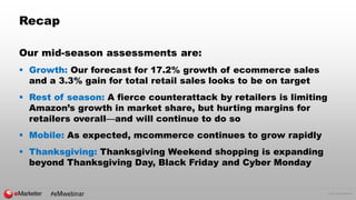 © 2016 eMarketer Inc.
Recap
Our mid-season assessments are:
 Growth: Our forecast for 17.2% growth of ecommerce sales
and...