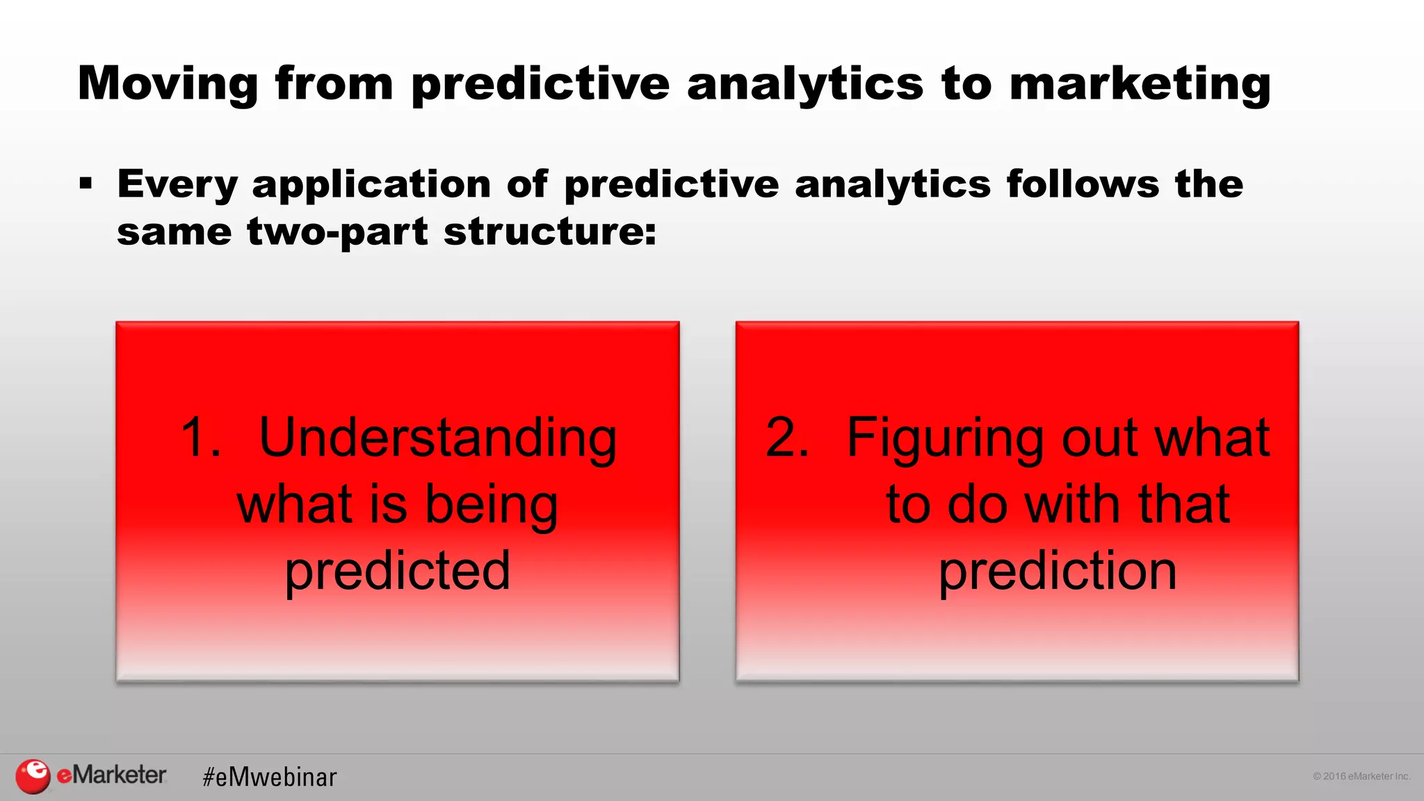 © 2016 eMarketer Inc.
Moving from predictive analytics to marketing
 Every application of predictive analytics follows the
same two-part structure:
1. Understanding
what is being
predicted
2. Figuring out what
to do with that
prediction
 