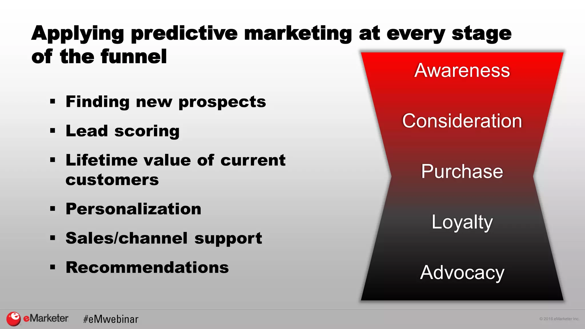 © 2016 eMarketer Inc.
Applying predictive marketing at every stage
of the funnel
 Finding new prospects
 Lead scoring
 Lifetime value of current
customers
 Personalization
 Sales/channel support
 Recommendations
Awareness
Consideration
Purchase
Loyalty
Advocacy
 