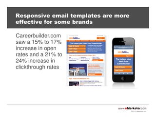 ©2013 eMarketer Inc.
Responsive email templates are more
effective for some brands
Careerbuilder.com
saw a 15% to 17%
increase in open
rates and a 21% to
24% increase in
clickthrough rates
 