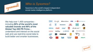 Who is Sysomos?
Sysomos is the world’s largest independent
social media intelligence platform.
We help over 1,400 companies -
including 80% of the world’s most
valuable brands and 90% of the
Global Top 250 PR Firms –
understand and interact on the social
web and use real-time social data to
build better and smarter businesses.
 