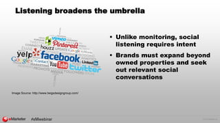 © 2016 eMarketer Inc.
Listening broadens the umbrella
 Unlike monitoring, social
listening requires intent
 Brands must expand beyond
owned properties and seek
out relevant social
conversations
Image Source: http://www.twigsdesigngroup.com/
 