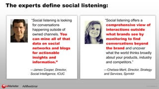 © 2016 eMarketer Inc.
The experts define social listening:
“Social listening is looking
for conversations
happening outside of
owned channels. You
can mine all of that
data on social
networks and blogs
for actionable
insights and
information.”
—James Cooper, Director,
Social Intelligence, ICUC
“Social listening offers a
comprehensive view of
interactions outside
what brands see by
monitoring to find
conversations beyond
the brand and uncover
what the world thinks broadly
about your products, industry
and competitors.”
—Chelsea Marti, Director, Strategy
and Services, Sprinklr
 