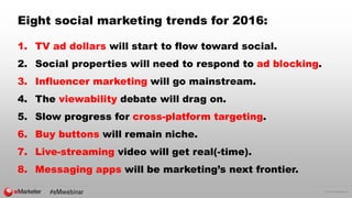 © 2015 eMarketer Inc.
Eight social marketing trends for 2016:
1. TV ad dollars will start to flow toward social.
2. Social...
