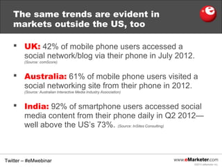 The same trends are evident in
   markets outside the US, too

    UK: 42% of mobile phone users accessed a
     social n...