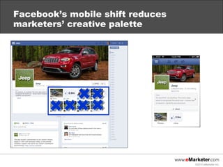 Facebook’s mobile shift reduces
marketers’ creative palette




                                  ©2013 eMarketer Inc.
 