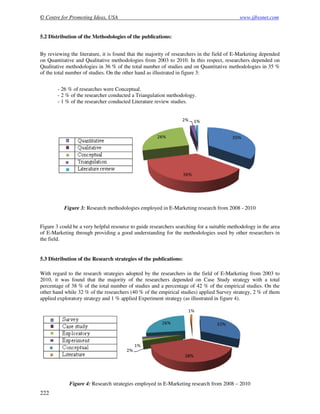 © Centre for Promoting Ideas, USA www.ijbssnet.com
222
5.2 Distribution of the Methodologies of the publications:
By reviewing the literature, it is found that the majority of researchers in the field of E-Marketing depended
on Quantitative and Qualitative methodologies from 2003 to 2010. In this respect, researchers depended on
Qualitative methodologies in 36 % of the total number of studies and on Quantitative methodologies in 35 %
of the total number of studies. On the other hand as illustrated in figure 3:
- 26 % of researches were Conceptual.
- 2 % of the researcher conducted a Triangulation methodology.
- 1 % of the researcher conducted Literature review studies.
Figure 3: Research methodologies employed in E-Marketing research from 2008 - 2010
Figure 3 could be a very helpful resource to guide researchers searching for a suitable methodology in the area
of E-Marketing through providing a good understanding for the methodologies used by other researchers in
the field.
5.3 Distribution of the Research strategies of the publications:
With regard to the research strategies adopted by the researchers in the field of E-Marketing from 2003 to
2010, it was found that the majority of the researchers depended on Case Study strategy with a total
percentage of 38 % of the total number of studies and a percentage of 42 % of the empirical studies. On the
other hand while 32 % of the researchers (40 % of the empirical studies) applied Survey strategy, 2 % of them
applied exploratory strategy and 1 % applied Experiment strategy (as illustrated in figure 4).
Figure 4: Research strategies employed in E-Marketing research from 2008 – 2010
 