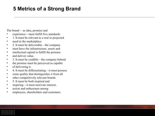 5 Metrics of a Strong Brand
The brand— as idea, promise and
• experience—must fulfill five standards:
• 1. It must be relevant to a real or projected
• need in the marketplace.
• 2. It must be deliverable—the company
• must have the infrastructure, assets and
• intellectual capital to fulfill the promise
• and deliver value.
• 3. It must be credible—the company behind
• the promise must be perceived as capable
• of delivering it.
• 4. It must be differentiating—it must possess
• some quality that distinguishes it from all
• other competitively relevant brands.
• 5. It must be both inspired and
• inspiring—it must motivate interest,
• action and enthusiasm among
• employees, shareholders and customers.
 