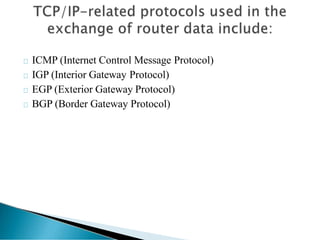 ICMP (Internet Control Message Protocol)
IGP (Interior Gateway Protocol)
EGP (Exterior Gateway Protocol)
BGP (Border Gateway Protocol)
 