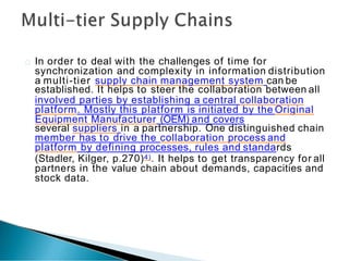 In order to deal with the challenges of time for
synchronization and complexity in information distribution
a multi-tier supply chain management system can be
established. It helps to steer the collaboration between all
involved parties by establishing a central collaboration
platform. Mostly this platform is initiated by the Original
Equipment Manufacturer (OEM) and covers
several suppliers in a partnership. One distinguished chain
member has to drive the collaboration process and
platform by defining processes, rules and standards
(Stadler, Kilger, p.270)4). It helps to get transparency for all
partners in the value chain about demands, capacities and
stock data.
 