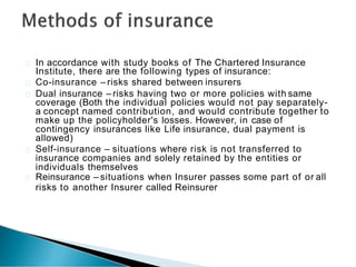 In accordance with study books of The Chartered Insurance
Institute, there are the following types of insurance:
Co-insurance – risks shared between insurers
Dual insurance – risks having two or more policies with same
coverage (Both the individual policies would not pay separately-
a concept named contribution, and would contribute together to
make up the policyholder's losses. However, in case of
contingency insurances like Life insurance, dual payment is
allowed)
Self-insurance – situations where risk is not transferred to
insurance companies and solely retained by the entities or
individuals themselves
Reinsurance – situations when Insurer passes some part of or all
risks to another Insurer called Reinsurer
 