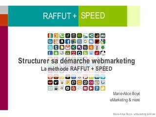 Structurer sa démarche webmarketing 
La méthode RAFFUT + SPEED 
Marie-Alice Boyé 
eMarketing & more 
RAFFUT + SPEED 
Marie-Alice Boyé - eMarketing & More 
 