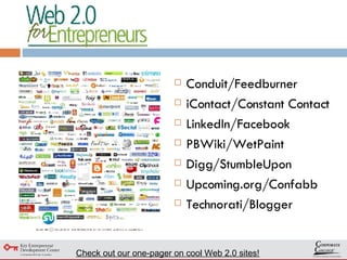 Conduit/Feedburner iContact/Constant Contact LinkedIn/Facebook PBWiki/WetPaint Digg/StumbleUpon Upcoming.org/Confabb Technorati/Blogger Check out our one-pager on cool Web 2.0 sites! 