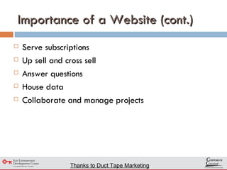 Importance of a Website (cont.) Serve subscriptions Up sell and cross sell Answer questions House data Collaborate and manage projects Thanks to Duct Tape Marketing 