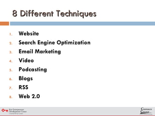 8 Different Techniques Website Search Engine Optimization Email Marketing Video Podcasting Blogs RSS Web 2.0 
