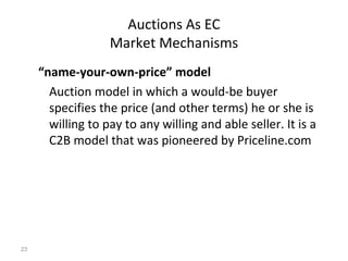 Auctions As EC
                   Market Mechanisms
     “name-your-own-price” model
       Auction model in which a would-be buyer
       specifies the price (and other terms) he or she is
       willing to pay to any willing and able seller. It is a
       C2B model that was pioneered by Priceline.com




23
 