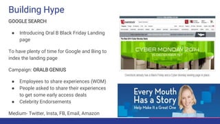 Building Hype
GOOGLE SEARCH
● Introducing Oral B Black Friday Landing
page
To have plenty of time for Google and Bing to
index the landing page
Campaign: ORALB GENIUS
● Employees to share experiences (WOM)
● People asked to share their experiences
to get some early access deals
● Celebrity Endorsements
Medium- Twitter, Insta, FB, Email, Amazon
 