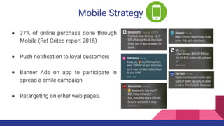 Mobile Strategy
● 37% of online purchase done through
Mobile (Ref Criteo report 2015)
● Push notification to loyal customers
● Banner Ads on app to participate in
spread a smile campaign
● Retargeting on other web pages.
 