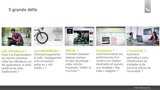 5 grands défis




LES APPAREILS ?               LA CONVERSION ?           SOCIAL ?               Analytiques ?            L'évolutivité ?
Face à la fragmentation       Comment augmenter         Comment exploiter      Comment évaluer les      Comment
du marché comment             le trafic, l'engagement   réseaux sociaux        performances d'un        permettre à votre
cibler les utilisateurs via   et la conversion          et sites de partage    contenu sur chaque       infrastructure de
les applications, le Web      grâce au « rich           vidéo comme            destination et assurer   s'adapter et de
tactile et les sites          media » ?                 Facebook, Twitter et   une stratégie « Big      suivre le rythme de
traditionnels ?                                         YouTube ?              Data » intégrée ?        l'innovation ?




                                                                                                             © 2011 Brightcove Inc.
 