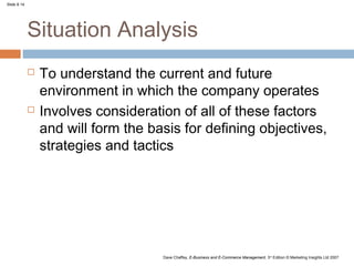 Slide 8.14




             Situation Analysis
                To understand the current and future
                 environment in which the company operates
                Involves consideration of all of these factors
                 and will form the basis for defining objectives,
                 strategies and tactics




                                     Dave Chaffey, E-Business and E-Commerce Management, 3rd Edition © Marketing Insights Ltd 2007
 