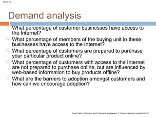Slide 8.15




      Demand analysis
            What percentage of customer businesses have access to
             the Internet?
            What percentage of members of the buying unit in these
             businesses have access to the Internet?
            What percentage of customers are prepared to purchase
             your particular product online?
            What percentage of customers with access to the Internet
             are not prepared to purchase online, but are influenced by
             web-based information to buy products offline?
            What are the barriers to adoption amongst customers and
             how can we encourage adoption?




                                       Dave Chaffey, E-Business and E-Commerce Management, 3rd Edition © Marketing Insights Ltd 2007
 