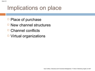 Slide 8.51




             Implications on place
                Place of purchase
                New channel structures
                Channel conflicts
                Virtual organizations




                                   Dave Chaffey, E-Business and E-Commerce Management, 3rd Edition © Marketing Insights Ltd 2007
 