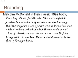Slide 8.55




      Branding
   Malcolm McDonald in their classic 1992 book,
    Cre a ting Po we rful Bra nd s as a n id e ntifia ble
    p ro d uc t o r s e rvic e a ug m e nte d in s uc h a wa y
    tha t the buy e r o r us e r p e rc e ive s re le va nt uniq ue
    a d d e d va lue s whic h m a tc h the ir ne e d s m o s t
    c lo s e ly . Furthe rm o re , its s uc c e s s re s ults fro m
    be ing a ble to s us ta in the s e a d d e d va lue s in the
    fa c e o f c o m p e titio n.



                                 Dave Chaffey, E-Business and E-Commerce Management, 3rd Edition © Marketing Insights Ltd 2007
 