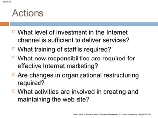 Slide 8.60




             Actions
                What level of investment in the Internet
                 channel is sufficient to deliver services?
                What training of staff is required?
                What new responsibilities are required for
                 effective Internet marketing?
                Are changes in organizational restructuring
                 required?
                What activities are involved in creating and
                 maintaining the web site?

                                     Dave Chaffey, E-Business and E-Commerce Management, 3rd Edition © Marketing Insights Ltd 2007
 