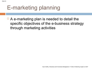 Slide 8.8




            E-marketing planning
               A e-marketing plan is needed to detail the
                specific objectives of the e-business strategy
                through marketing activities




                                    Dave Chaffey, E-Business and E-Commerce Management, 3rd Edition © Marketing Insights Ltd 2007
 