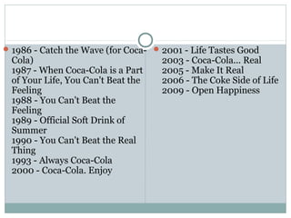 1986 - Catch the Wave (for Coca-
Cola)
1987 - When Coca-Cola is a Part
of Your Life, You Can't Beat the
Feeling
1988 - You Can't Beat the
Feeling
1989 - Official Soft Drink of
Summer
1990 - You Can't Beat the Real
Thing
1993 - Always Coca-Cola
2000 - Coca-Cola. Enjoy
2001 - Life Tastes Good
2003 - Coca-Cola... Real
2005 - Make It Real
2006 - The Coke Side of Life
2009 - Open Happiness
 