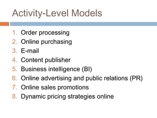 Activity-Level Models
1.   Order processing
2.   Online purchasing
3.   E-mail
4.   Content publisher
5.   Business intelligence (BI)
6.   Online advertising and public relations (PR)
7.   Online sales promotions
8.   Dynamic pricing strategies online
 
