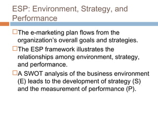 ESP: Environment, Strategy, and
Performance
The e-marketing plan flows from the
 organization’s overall goals and strategies.
The ESP framework illustrates the
 relationships among environment, strategy,
 and performance.
A SWOT analysis of the business environment
 (E) leads to the development of strategy (S)
 and the measurement of performance (P).
 