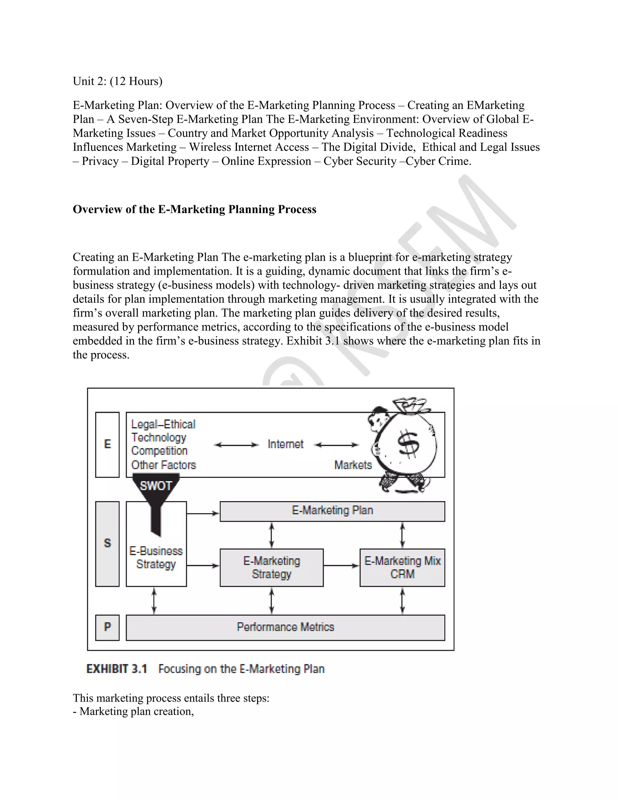 Unit 2: (12 Hours)
E-Marketing Plan: Overview of the E-Marketing Planning Process – Creating an EMarketing
Plan – A Seven-Step E-Marketing Plan The E-Marketing Environment: Overview of Global E-
Marketing Issues – Country and Market Opportunity Analysis – Technological Readiness
Influences Marketing – Wireless Internet Access – The Digital Divide, Ethical and Legal Issues
– Privacy – Digital Property – Online Expression – Cyber Security –Cyber Crime.
Overview of the E-Marketing Planning Process
Creating an E-Marketing Plan The e-marketing plan is a blueprint for e-marketing strategy
formulation and implementation. It is a guiding, dynamic document that links the firm’s e-
business strategy (e-business models) with technology- driven marketing strategies and lays out
details for plan implementation through marketing management. It is usually integrated with the
firm’s overall marketing plan. The marketing plan guides delivery of the desired results,
measured by performance metrics, according to the specifications of the e-business model
embedded in the firm’s e-business strategy. Exhibit 3.1 shows where the e-marketing plan fits in
the process.
This marketing process entails three steps:
- Marketing plan creation,
 