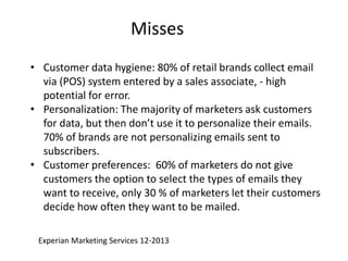 Misses 
• Customer data hygiene: 80% of retail brands collect email 
via (POS) system entered by a sales associate, - high 
potential for error. 
• Personalization: The majority of marketers ask customers 
for data, but then don’t use it to personalize their emails. 
70% of brands are not personalizing emails sent to 
subscribers. 
• Customer preferences: 60% of marketers do not give 
customers the option to select the types of emails they 
want to receive, only 30 % of marketers let their customers 
decide how often they want to be mailed. 
Experian Marketing Services 12-2013 
 