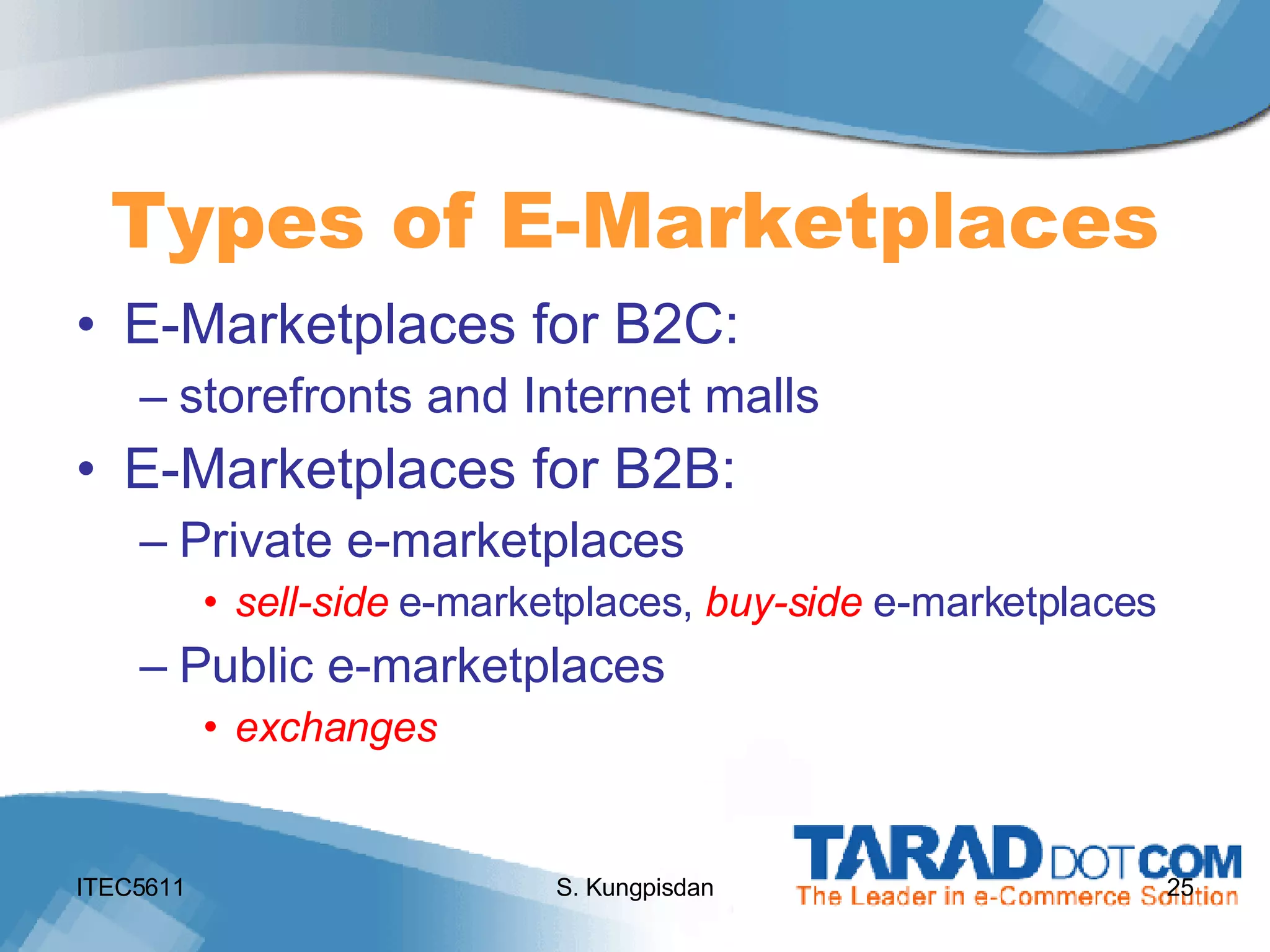 ITEC5611 S. Kungpisdan Types of E-Marketplaces E-Marketplaces for B2C:  storefronts and Internet malls E-Marketplaces for B2B:  Private e-marketplaces sell-side   e-marketplaces,  buy-side  e-marketplaces Public e-marketplaces exchanges 