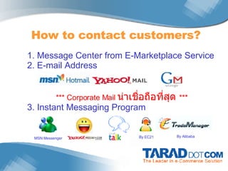 How to contact customers? 1. Message Center from E-Marketplace Service 2. E-mail Address *** Corporate Mail  น่าเชื่อถือที่สุด   *** 3. Instant Messaging Program MSN Messenger By Alibaba By EC21 
