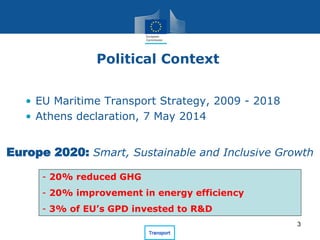Europe 2020: Smart, Sustainable and Inclusive Growth
• EU Maritime Transport Strategy, 2009 - 2018
• Athens declaration, 7 May 2014
- 20% reduced GHG
- 20% improvement in energy efficiency
- 3% of EU’s GPD invested to R&D
3
Political Context
 