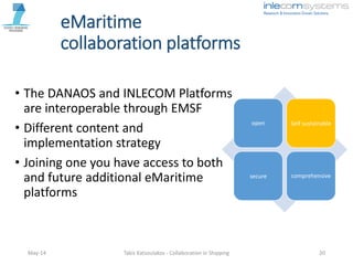 eMaritime
collaboration platforms
• The DANAOS and INLECOM Platforms
are interoperable through EMSF
• Different content and
implementation strategy
• Joining one you have access to both
and future additional eMaritime
platforms
May-14 Takis Katsoulakos - Collaboration in Shipping 20
open Self sustainable
secure comprehensive
 