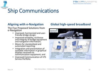 Ship Communications
Aligning with e-Navigation
The Five Proposed Solutions from
e-Navigation
• Improved, harmonized and user-
friendly bridge design;
• Improved reliability, resilience
and integrity of bridge equipment
and navigation information;
• Means for standardized and
automated reporting;
• Integration and presentation of
available information in graphical
displays received via
communication equipment; and
• Improved Communication of VTS
Service Portfolio
Global high-speed broadband
May-14 Takis Katsoulakos - Collaboration in Shipping 10
 