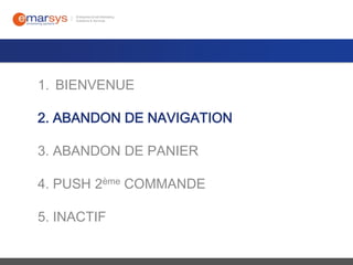 1. BIENVENUE
2. ABANDON DE NAVIGATION
3. ABANDON DE PANIER
4. PUSH 2ème COMMANDE
5. INACTIF

 