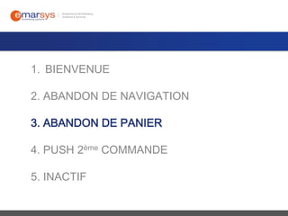 1. BIENVENUE
2. ABANDON DE NAVIGATION
3. ABANDON DE PANIER
4. PUSH 2ème COMMANDE
5. INACTIF

 