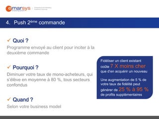 4. Push 2ème commande
 Quoi ?
Programme envoyé au client pour inciter à la
deuxième commande
Fidéliser un client existant

 Pourquoi ?
Diminuer votre taux de mono-acheteurs, qui
s’élève en moyenne à 80 %, tous secteurs
confondus

 Quand ?
Selon votre business model

coûte 7 X moins cher
que d’en acquérir un nouveau
Une augmentation de 5 % de
votre taux de fidélité peut
générer de 25 % à 95
de profits supplémentaires

%

 