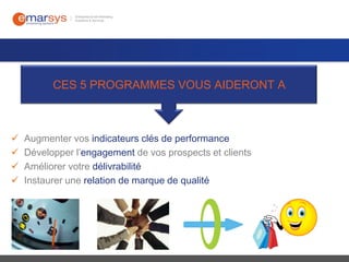 CES 5 PROGRAMMES VOUS AIDERONT A






Augmenter vos indicateurs clés de performance
Développer l’engagement de vos prospects et clients
Améliorer votre délivrabilité
Instaurer une relation de marque de qualité

 