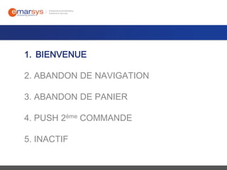 1. BIENVENUE
2. ABANDON DE NAVIGATION
3. ABANDON DE PANIER
4. PUSH 2ème COMMANDE
5. INACTIF

 