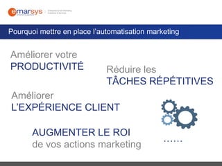 Pourquoi mettre en place l’automatisation marketing

Améliorer votre
PRODUCTIVITÉ

Réduire les
TÂCHES RÉPÉTITIVES

Améliorer
L’EXPÉRIENCE CLIENT
AUGMENTER LE ROI
de vos actions marketing

……

 