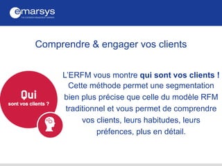 L’ERFM vous montre qui sont vos clients !
Cette méthode permet une segmentation
bien plus précise que celle du modèle RFM
traditionnel et vous permet de comprendre
vos clients, leurs habitudes, leurs
préfences, plus en détail.
Comprendre & engager vos clients
 