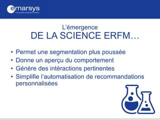 • Permet une segmentation plus poussée
• Donne un aperçu du comportement
• Génère des intéractions pertinentes
• Simplifie l‘automatisation de recommandations
personnalisées
L’émergence
DE LA SCIENCE ERFM…
 