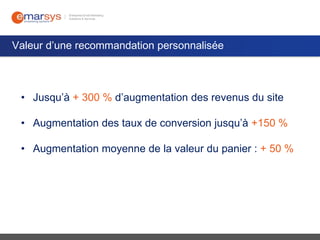 Valeur d’une recommandation personnalisée

• Jusqu’à + 300 % d’augmentation des revenus du site

• Augmentation des taux de conversion jusqu’à +150 %
• Augmentation moyenne de la valeur du panier : + 50 %

 