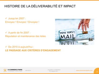 08/10/2014 www.ecommerceparis.com 
Acquisition vs Fidélisation 
Et le gagnant est … 
11 
HISTOIRE DE LA DÉLIVERABILITÉ ET IMPACT 
 Jusqu’en 2007 : 
Envoyez ! Envoyez ! Envoyez ! 
 A partir de fin 2007 : 
Réputation et maintenance des listes 
 De 2010 à aujourd’hui : 
LE PASSAGE AUX CRITÈRES D’ENGAGEMENT 
 