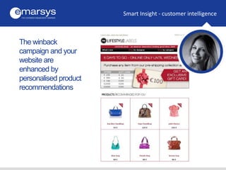 Smart Insight - customer intelligence
The winback
campaign and your
website are
enhanced by
personalised product
recommend...